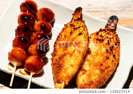 Mitarashi dango, Goheimochi, Japanese food, regional cuisine, Japanese cuisine, skewered dumplings, sweets, grilled mochi, food, Japanese culture, tourist gourmet 138823514