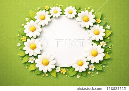 A lively 3D paper-cut floral frame packed with white daisies on a vivid green background. Strong layered shadows, smooth rounded petals, decorative symmetry, empty center for text, cheerful spring 138823515
