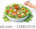 A modern paper-cut illustration of a hand holding a fork over layered green salad leaves filled with vegetables like peppers, carrots, mushrooms, tomatoes, and onions. Strong depth, smooth shapes 138823519