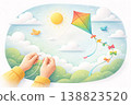 A playful paper-cut illustration of hands flying a colorful kite in the sky, surrounded by birds, clouds, and a glowing sun. Smooth layered shapes, pastel gradient, dynamic motion, joyful outdoor mood 138823520