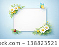 A refined 3D illustration of a white square frame accented with daisies, yellow flowers, green foliage, a butterfly, and a ladybug. Smooth gradients, soft shadows, realistic botanical details 138823521