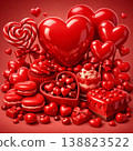 A rich 3D illustration of heart-shaped candies, balloons, lollipops, and desserts arranged in a romantic composition. Strong sculpted depth, glossy textures, monochromatic red palette, soft lighting 138823522