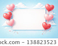A romantic 3D illustration featuring heart-shaped balloons floating around a white rectangular frame, with soft clouds on a blue gradient background. Smooth glossy surfaces, gentle shadows 138823523