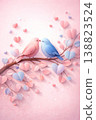 A romantic 3D illustrative artwork of two birds sitting on a branch surrounded by heart-shaped leaves. Strong dimensional layering, smooth gradients, soft pink background, gentle lighting 138823524