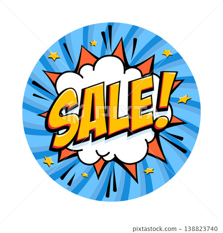 Round sale badge in playful comic style with red lettering on white cloud shape, framed by blue spikes and sparkling star accents on a spiral background for promotions, seasonal discounts Round sale badge in playful comic style with red lettering on white cloud shape, framed by blue spikes and sparkling star accents on a spiral background for promotions, seasonal discounts 138823740