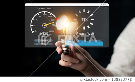Internet Speed Test and Lightbulb Conceptual Image Reflecting Technology and Connectivity in Digital Age Ledger 138823778