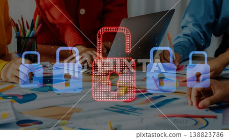 Modern Office Setting with Diverse Team Collaborating on Project with Digital Lock Icons Representing Security and Data Protection Concepts. Raster 138823786