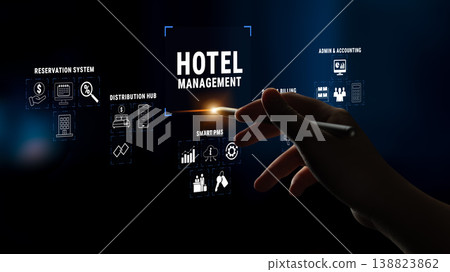 Hand Interacting with Futuristic Hotel Management System Interface Featuring Reservation, Distribution, Accounting and Smart Features Quark 138823862