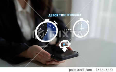 Concept of Artificial Intelligence Enhancing Time Efficiency with Digital Clocks and Mobile Device Representation in Modern Work Environment Quark 138823872
