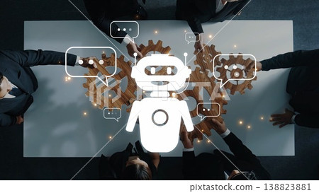 Collaboration between people and robot symbol illustrating teamwork, innovation, and technology in a modern business environment with gears and communication icons. Raster 138823881