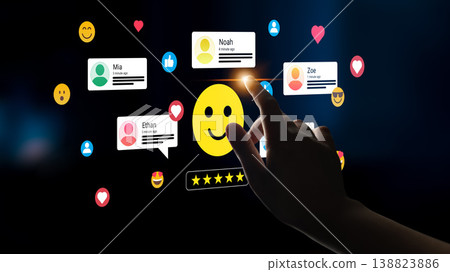Digital interface representing social media engagement with user comments, reactions, and feedback illustrated through vibrant icons and graphics Ledger 138823886