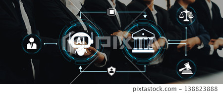 Business professionals discussing artificial intelligence and legal systems in a modern office environment with visual technology concepts and icons Quark Business professionals discussing artificial intelligence and legal systems in a modern office environment with visual technology concepts and icons Quark 138823888