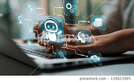 A person types on a laptop keyboard surrounded by digital icons of technology and robots, showcasing the intersection of human activity and artificial intelligence in modern work environments. Sigmoid 138823905