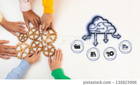 Hands Collaborating to Align Wooden Gears with Digital Cloud Technology for Data Management and Connectivity in Modern Workspace Environment. Raster 138823906