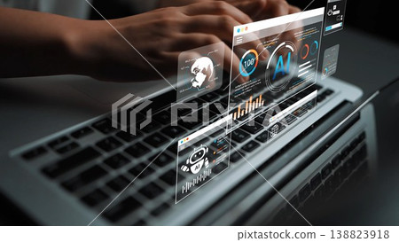 Hands Typing on Laptop with Interactive Data Analysis and Artificial Intelligence Visuals on Screen in Modern Workspace Environment Gluon Hands Typing on Laptop with Interactive Data Analysis and Artificial Intelligence Visuals on Screen in Modern Workspace Environment Gluon 138823918
