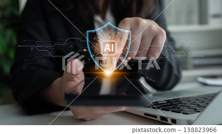 AI Cybersecurity Shield with Data Protection Icons and Circuit Lines. Corpus 138823966