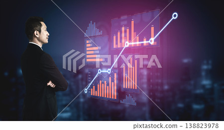 Businessman Analyzing Financial Data on Digital Screens with Graphs and Charts in Modern Cityscape Background at Night Scalp Businessman Analyzing Financial Data on Digital Screens with Graphs and Charts in Modern Cityscape Background at Night Scalp 138823978