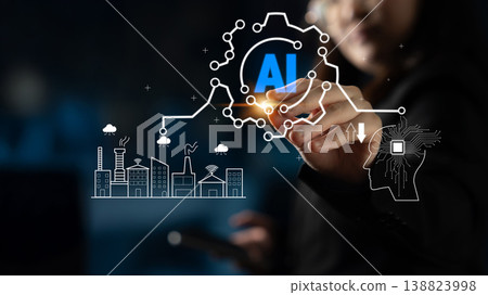 Business Professional Engaging with AI Technology and Industry Concepts for Future Innovations and Digital Transformations in a Modern Workplace Environment Quark 138823998