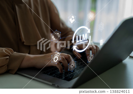 Professional woman working on laptop with AI and machine learning graphics, showcasing digital innovation and modern technology in a contemporary setting Quark 138824011
