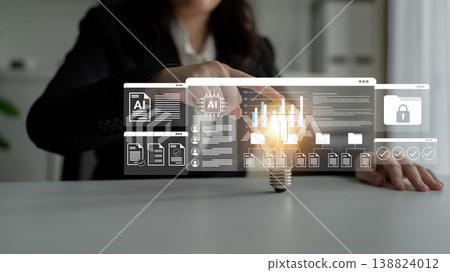 Business Person Interacting with Innovative Digital Interface Displaying Data, Graphs, and Security Concepts in Modern Office Environment Gantry Business Person Interacting with Innovative Digital Interface Displaying Data, Graphs, and Security Concepts in Modern Office Environment Gantry 138824012