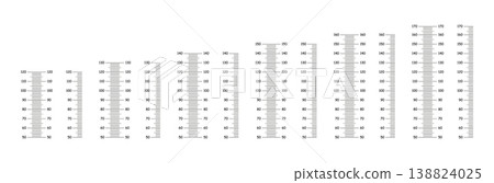 Stadiometer black scale from 50 to 120, 130, 140, 150, 160, 170 centimeters. Height meter template. Set of height charts growth sticker for wall. Markup for ruler mockup. Measuring scale layout. 138824025