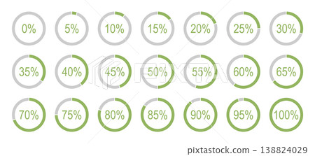 Percentage round diagram icons for infographics from 0 to 100 percent. Green, grey colour fill divided pie charts indicator layouts. Infographic bar element. Loading circle graph progress flat samples 138824029