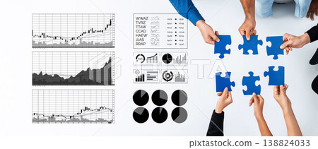 Collaborative Business Strategy Meeting with Chart Analysis and Puzzle Pieces on a Modern Office Table, Symbolizing Teamwork and Growth Axiom Collaborative Business Strategy Meeting with Chart Analysis and Puzzle Pieces on a Modern Office Table, Symbolizing Teamwork and Growth Axiom 138824033