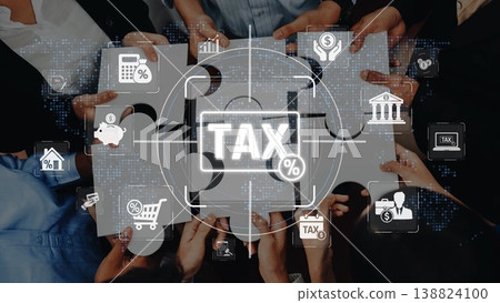 A group of hands working together on a tax-related puzzle, surrounded by finance icons, emphasizing teamwork in tax planning and preparation for a successful financial strategy. Sigmoid A group of hands working together on a tax-related puzzle, surrounded by finance icons, emphasizing teamwork in tax planning and preparation for a successful financial strategy. Sigmoid 138824100