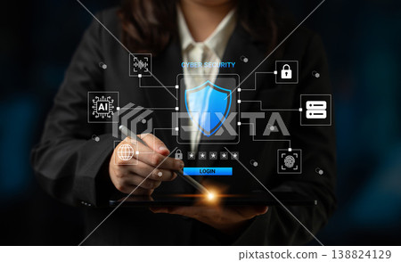 Woman Using Tablet with Cyber Security Graphics and Icons Representing Data Protection, Technology Concepts, and Modern Login Solutions Ledger 138824129