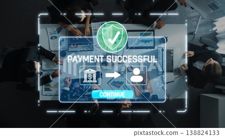 Payment Confirmation Successful with Digital Interface and Business Meeting Background Featuring Financial Charts and Collaborative Team Effort. Raster Payment Confirmation Successful with Digital Interface and Business Meeting Background Featuring Financial Charts and Collaborative Team Effort. Raster 138824133