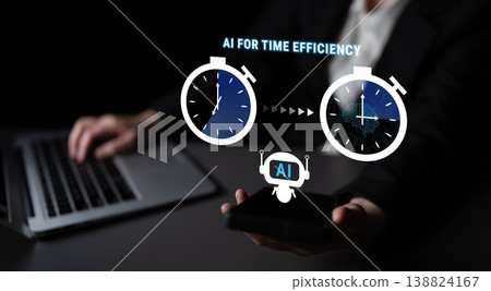 Concept of Artificial Intelligence Enhancing Time Efficiency in Business Operations with Clock Graphics and Modern Technology Elements Quark Concept of Artificial Intelligence Enhancing Time Efficiency in Business Operations with Clock Graphics and Modern Technology Elements Quark 138824167