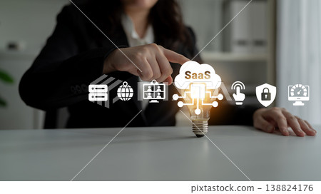 Creative Representation of Software as a Service with Light Bulb and Digital Icons for Business Solutions Ledger 138824176