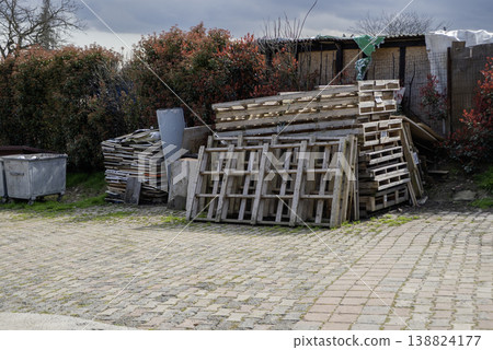 Wooden broken pallets in warm cloudy day 138824177
