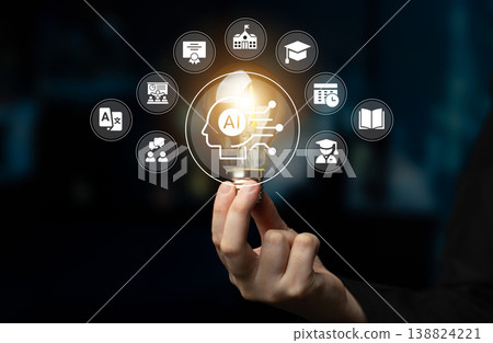 Innovative Concept of Artificial Intelligence in Education with Light Bulb and Digital Icons Representing Learning, Growth, and Knowledge in the Modern World Ledger Innovative Concept of Artificial Intelligence in Education with Light Bulb and Digital Icons Representing Learning, Growth, and Knowledge in the Modern World Ledger 138824221