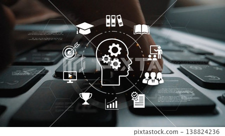 Business Mindset Concept with Gears and Icons Representing Education, Knowledge, and Skills over Laptop Keyboard Background Gluon Business Mindset Concept with Gears and Icons Representing Education, Knowledge, and Skills over Laptop Keyboard Background Gluon 138824236