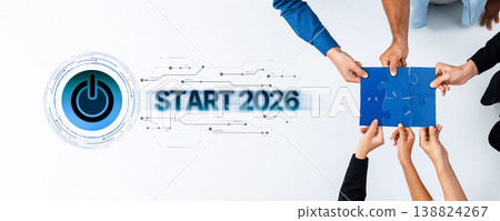 Collaborative Teamwork for New Beginnings in 2026 with Technology Theme, Concept of Innovation and Puzzle Pieces for Growth, Power Button Graphic Trope Collaborative Teamwork for New Beginnings in 2026 with Technology Theme, Concept of Innovation and Puzzle Pieces for Growth, Power Button Graphic Trope 138824267