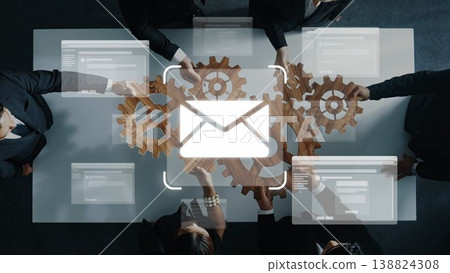 Meeting of Professionals Collaborating with Gears and Digital Mail Icon Representing Communication and Workflow Optimization in Business Environment. Raster 138824308
