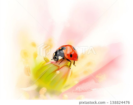 一幅水彩畫，描繪了一隻瓢蟲和春天盛開的花朵，背景是柔和的黃色和粉紅色植物圖案。 138824476