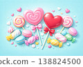 A vibrant 3D candy illustration with heart-shaped lollipops and pastel sweets arranged against a turquoise background. Soft glossy textures, smooth gradients, playful color harmony, floating accents 138824500