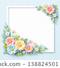 A delicate 3D paper-cut square frame on a soft blue background, decorated with colorful layered flowers and leaves along the bottom and corner. Clean white border, gentle shadow, pastel spring palette 138824501
