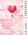 A dreamy 3D illustrative scene of a heart-shaped hot air balloon floating in a soft pink sky, releasing tiny heart particles. Strong layered paper-cut depth, smooth gradients, rounded forms 138824502