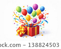 A dynamic 3D illustration of an open gift box with balloons, confetti, and curling ribbons bursting upward. Bright festive colors, smooth gradients, strong motion flow, clean white background 138824503