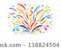 A dynamic illustration of colorful ribbons and confetti bursting outward in midair. Curved flowing shapes, bright multicolor palette, sense of motion and energy, clean white background, festive theme 138824504