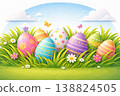 A festive 3D paper-cut Easter background with colorful patterned eggs partially hidden in green grass. Strong layered depth, bright spring colors, playful shapes, clean sky background 138824505