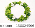 A festive 3D paper-cut frame with layered green and white clover leaves surrounding a circular empty center. Strong dimensional depth, soft shadows, clean white core, vibrant green palette, 138824506