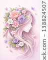 A graceful 3D illustration of a woman side-profile silhouette filled with blooming flowers and leaves. Strong dimensional layering, soft paper-cut depth, smooth lighting, pastel pink palette 138824507