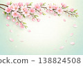 A graceful illustration of a flowering cherry blossom branch extending across the top, with soft pink blossoms and falling petals. Delicate gradients, gentle depth, calm spring atmosphere 138824508