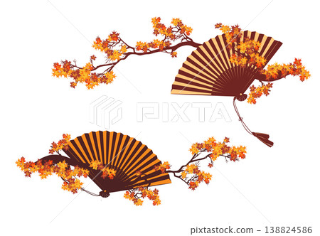 asian hand fan and long maple tree branch autumn season vector design set 138824586