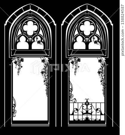 medieval fairy tale rose flowers decorated castle window or balcony black and white vector design 138824587