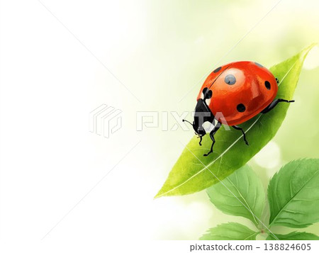 一幅色彩明快的自然插圖，描繪了一隻瓢蟲棲息在嫩葉上，背景是春天的景象，並留有文字空間。 138824605